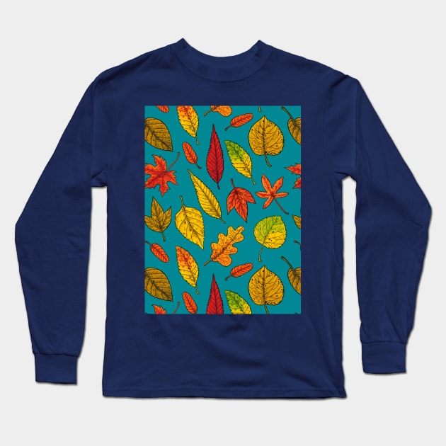 Autumn leaves on blue Long Sleeve T-Shirt by katerinamk